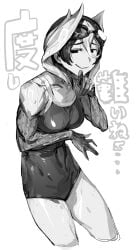 alternate_costume body_markings female female_only goggles goggles_on_head hair_between_eyes looking_at_viewer made_in_abyss medium_breasts monochrome one-piece_swimsuit ozen short_hair smile smirk solo soosaresu swimsuit toned toned_female two_tone_hair wet_body wet_hair wet_skin