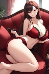 ai_generated big_ass big_breasts brown_hair living_room long_hair original_character red_lingerie sideview smiling solo_female thick_thighs