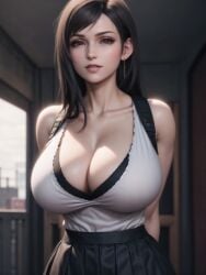 ai_generated arms_behind_back bare_shoulders big_breasts black_hair breasts cleavage earings final_fantasy final_fantasy_vii fit_female huge_breasts jewelry large_breasts skirt slim_waist tifa_lockhart xepon_real