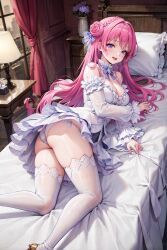 ai_generated ass bare_shoulders bed blush breasts cameltoe detached_sleeves dorothy_(nikke) female goddess_of_victory:_nikke hair_ribbon long_hair looking_at_viewer lying medium_breasts on_side open_mouth panties pink_hair purple_eyes shiny shiny_clothes shiny_hair shiny_skin short_dress sideboob skirt smile solo thick_thighs thighhighs very_long_hair