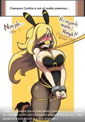 alternate_breast_size alternate_costume angry arms_in_front ashamedox bad_end ball_gag blacked_out blonde_hair blush bondage bound bound_ankles bound_legs bound_wrists bunny_ears bunny_girl bunnysuit captured collar comic comic_page crotch_rope cuff_(restraint) cuffs cynthia_(pokemon) defeated drool drool_on_breasts drooling gagged gagged_speech game_freak game_mechanics hair_over_one_eye heels high_heels hopping humiliation leash leash_pull long_hair looking_at_viewer nintendo pokemon pokemon_dppt restrained rope rope_bondage simple_background simple_shading sweat sweatdrop team_galactic tied_up yellow_ball_gag