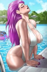 1girls absurdres big_ass clothing creatures_(company) curvaceous curvy echosaber fat_breasts female flat_belly game_freak hair_down human jessie_(pokemon) large_breasts long_hair nintendo one-piece_swimsuit painted_nails pale_skin pokemon pokemon_(anime) pool purple_hair slow_motion swimsuit swimwear thick_thighs voluptuous voluptuous_female wet wet_hair wide_hips wobbuffet