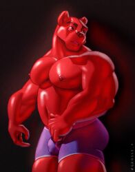 anthro bear bear_ears black_background chubby chubby_male erection erection_under_clothes grossy grossy_v gummy_bear male_only muscular muscular_male nipples red_body solo thick_thighs underwear