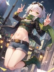 1girls ai_generated belly belly_button belt black_jacket breasts cleavage clothing coat crop_top eiyuu_densetsu exposed_midriff fie_claussell fingers footwear goggles goggles_on_head green_eyes green_scarf jacket long_sleeves looking_at_viewer midriff peace_sign petite scarf scarf_over_mouth sen_no_kiseki shoes short_hair short_shorts shorts silver_hair small_breasts solo solo_female stomach trails_of_cold_steel white_hair yellow_eyes