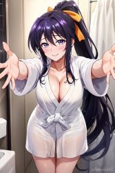 1girls ai_generated akeno_himejima bathroom blush breasts cleavage female hi_res high_school_dxd hug imminent_hug large_breasts looking_at_viewer pov purple_eyes purple_hair smile smiling_at_viewer solo stable_diffusion