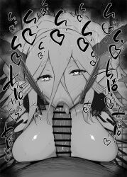 1boy 1girls aged_up big_breasts big_penis black_and_white blush censored detailed_background dress drooling eyelashes fate/grand_order fate_(series) fellatio female heart horn humanoid kurotama long_hair looking_at_viewer male male_pov oral oral_sex pointy_ears pov room saliva shiny_skin sketch sound_effects squatting straight sweat text tiamat_(fate) tongue_out vein veiny_penis