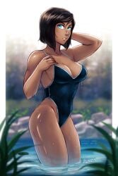 1girls arm_behind_head artist_signature athletic_female avatar_legends bare_hips bare_legs big_breasts black_hair blue_eyes blue_swimsuit bob_cut candid cleavage clothing dark-skinned_female dark_skin female female_only hand_behind_head hand_on_chest human iahfy korra large_breasts looking_at_viewer medium_hair muscular muscular_female nature nickelodeon one_piece_swimsuit open_mouth outdoors owler pond posing solo standing swimming swimsuit swimwear the_avatar the_legend_of_korra thick_thighs tomboy toned_female water water_tribe wet wet_body wet_hair