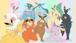 6+girls 9girls all_nine_eeveelutions anthro areolae bds_charmeleon big_breasts big_nipples bubble_butt color_edit eevee eeveelution espeon flareon glaceon huge_ass huge_breasts jolteon large_areolae leafeon multiple_girls naked nintendo open_mouth pokemon pokemon_(species) posing sylveon take_your_pick thick_thighs three_toes umbreon vaporeon