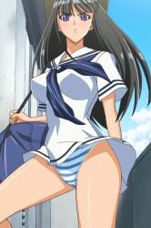 1girls black_hair breasts clothing hips holding_object long_hair looking_at_viewer looking_down medium_breasts mizushima_asa panties screencap screenshot sora_no_iro_mizu_no_iro stitched thighs upskirt