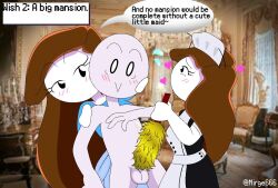 2girls blush brown_hair brush brushjob clones comic duster eyelashes feather_duster fully_clothed genie ghost_tail group_sex heart let_me_explain_studios long_hair maid maid_outfit mirge666 no_mouth nude_male rebecca_parham skirt tagme text tickling tickling_penis white_skin youtube youtuber