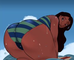 1girls alternate_version_available ass beach big_ass big_butt bikini black_hair brown_eyes bubble_ass bubble_butt dark-skinned_female dark_skin disney fat_ass female female_focus female_only fully_clothed lilo_and_stitch long_hair looking_back nani_pelekai ozholewd rear_view solo surfboard swimsuit wet wet_body wet_skin