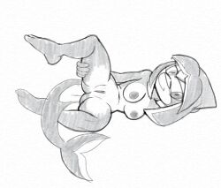 2023 anthro areola bangs breasts butt_from_the_front cetacean countershade_tail countershade_torso countershading dolphin face-framing_tendrils fan_character female fin fours_(artist) genitals greyscale hi_res looking_at_viewer lying mammal marine medium_breasts monochrome navel nipples on_side presenting presenting_pussy pussy sega simple_background smile solo sonic_(series) sonic_legacy sonic_the_hedgehog_(series) spread_legs spreading tail tail_fin tempest_the_dolphin toothed_whale white_background