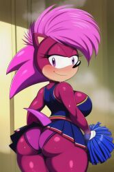 ai_generated ass big_breasts blush bubble_butt cheerleader cheerleader_uniform furry looking_at_viewer looking_back mobians.ai panties pink_eyes pink_hair pink_panties pom_poms shiny shiny_skin smirk sonia_the_hedgehog sonic_(series) sonic_the_hedgehog_(series) sonic_underground steam sweat tail thick_thighs thighs