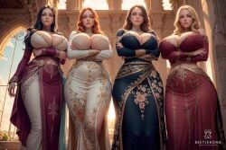 4girls ai_generated beetlebomb black_hair blonde blonde_female blonde_hair brunette busty cleavage curvy_body curvy_female dress female_focus female_only hi_res hourglass_figure huge_breasts in_a-row long_hair looking_at_viewer looking_down mature_female milf orange_hair original original_character red_hair redhead round_breasts stable_diffusion thick-thighs voluptuous voluptuous_female