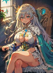 ai_generated anastasia_(fate) anastasia_nikolaevna blue_eyes boob_window cape cleavage crossed_legs crown fate/grand_order fate_(series) hair_ornament jewelry large_breasts mabi_ai robe throne white_hair