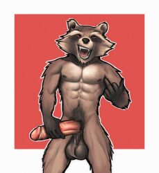 1boy abs anthro athletic athletic_male balls ballsack belly_button big_balls big_penis black_balls body_fur brown_fur dangling_testicles emit erection flipping_off flipping_viewer_off foreskin foreskin_folds front_view genitals gesture grabbing grabbing_penis guardians_of_the_galaxy hi_res humanoid_genitalia humanoid_penis intact long_penis looking_at_viewer low_hanging_balls male male_nipples male_only male_pubic_hair mammal marvel masculine middle_finger muscles muscular_male navel nude_male open_mouth pecs penis procyonid pubes raccoon red_background red_eyes retracted_foreskin rocket_raccoon scrotum shaggy_fur sharp_teeth simple_background slim small_but_hung smile smiling smirk smooth_penis solo standing teeth testicles tongue uncut white_background