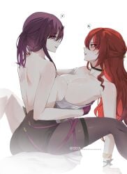 2girls baconontheclock blush breast_press breasts female female_on_top female_only heart himeko_(honkai:_star_rail) honkai:_star_rail imminent_sex kafka_(honkai:_star_rail) multiple_girls partially_clothed pressed_together pressing_breasts_together purple_hair red_hair sitting_on_lap sitting_on_person staring_at_another tights topless yuri