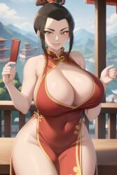 1girls ai_generated avatar_legends avatar_the_last_airbender azula background brown_hair chinese_dress female female_only fire_nation huge_breasts mommy nickelodeon smiling solo thick_thighs unartist