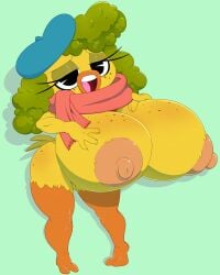 anatid anseriform avian big_breasts bird breasts clothing colored duck eyelashes female freckles hand_on_breast harvey_beaks_(series) hat headgear headwear hi_res huge_breasts hyper hyper_breasts piri_piri_(harvey_beaks) sbshouseofpancakes scarf simple_background solo