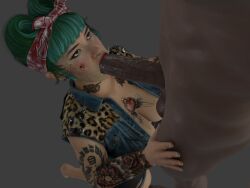 3d big_ass big_breasts big_penis blowjob curvy dani_(dead_island) dark-skinned_male dark_skin dead_island dead_island_2 green_hair interracial light-skinned_female lightingzonex partial_male tattoo thick_thighs