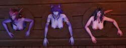 3d 3girls barbell_piercing blizzard_entertainment female female_only fia_(fiavoidwolf) glory_hole laliril mrtaxman nakicat night_elf nipple_piercing original_character pink_skin purple_hair purple_skin void_elf warcraft world_of_warcraft