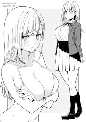 1girls big_breasts blush bra breasts busty collarbone commentary_request dated female female_only full_body grey_background greyscale highres kichihachi large_breasts loafers long_hair looking_at_viewer monochrome multiple_views navel original pleated_skirt school_uniform shoes skirt socks standing sweat two-tone_background underwear white_background