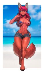 1girls 2023 abs american_flag american_flag_bikini anthro athletic athletic_female beach big_breasts bikini blue_eyes bottomwear breasts canid canine chest_tuft clothed clothing cutoffs denim denim_clothing digitigrade eyebrows eyelashes fangs female female_only flag_bikini flag_print full_body fur furry glistening glistening_body glistening_breasts glistening_thighs hair hand_on_butt heterochromia hi_res hotpants inner_ear_fluff long_hair looking_at_viewer mammal navel panties pgm300 red_body red_eyes red_fur red_hair schewiener seaside shorts silvia_(silv_tsune) skimpy smiling smiling_at_viewer solo solo_female stars_and_stripes swimwear teeth thick_thighs thigh_gap thong_above_shorts thong_straps tuft united_states_of_america wide_hips