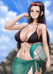 1girls ball beachball big_breasts bikini black_bikini black_hair breasts busty cleavage female female_only green_eyes kyopink large_breasts long_hair looking_back navel nico_robin one_piece parted_lips pink_lips post-timeskip sarong sensual smile solo sunglasses_on_head sweat swimsuit voluptuous