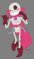 1boy a_real_magic_skeleton anthro blush boots cape disembodied_hand embarrassed fondling gloves laying_on_bed male male_only nervous nervous_smile ok_k.o.!_let's_be_heroes one_eye_closed skeleton sweat sweatdrop tinybeasts