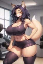 ai_generated amber_eyes anthro armpits big_breasts black_hair black_nose fox fox_ears fox_girl fox_humanoid fox_tail fur furry humanoid leggings sports_bra sports_shorts stable_diffusion tan_fur thick_thighs toned_female toned_stomach weight_bench wgenjoyr4539 white_fur