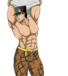 1boy bulge dilf jojo's_bizarre_adventure jotaro_kujo kakyoinmuse male male_nipples male_only muscular_male no_visible_genitalia pectorals solo stone_ocean topless_male undressing