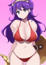 1girls athena_(series) big_breasts bikini blue_eyes breasts busty cleavage highres large_breasts legs long_hair looking_at_viewer navel princess princess_athena purple_hair red_bikini shield snk solo swimsuit sword thighs voluptuous weapon