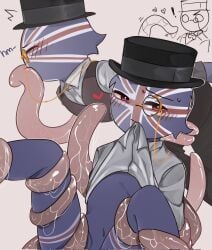 ! 1boy blue_skin blush clothing countryhumans dress_shirt gray_background hat heart kissing male male_focus male_only monacle oral overcoat penetration red_eyes sanjo_(artist) simple_background slimy_tentacles tentacle tentacle_sex united_kingdom_(countryhumans) yaoi