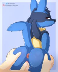 animal_genitalia anthro anus ass big_butt blue_body blue_fur blush bodily_fluids canid canine cloudeon digital_media_(artwork) duo erection female female_lucario female_penetrated fur generation_4_pokemon genital_fluids genitals hi_res human interspecies lucario male male/female male_penetrating male_penetrating_female mammal nintendo nude penetration penile penile_penetration penis penis_in_pussy pokemon pokemon_(species) pokephilia pussy sex simple_background smile tail vaginal_penetration