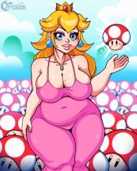 1girls beauty_mark big_breasts big_eyes big_lips blonde blonde_female blonde_hair blue_eyes breasts busty chubby chubby_female clothing dress female female_only huge_breasts lips mario_(series) milf mole_on_breast mushroom nintendo outdoors plump princess_peach royalty solo super_mario_bros. super_mushroom tenjosan thick_thighs tummy