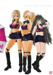3d 3girls big_breasts black_hair blonde_hair busty character_request cleavage female female_only fingerless_gloves hand_on_hip legs long_hair midriff navel navel_piercing pose posing race_queen skirt thighs twintails v