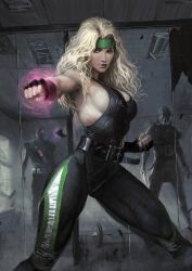 alternate_costume antti_hakosaari belt belt_buckle big_breasts big_thighs black_clothing blonde_female blonde_hair breasts clothed clothing color colored cyborg female female_focus glowing glowing_eyes green_clothing headband kabal kano_(mortal_kombat) long_hair mortal_kombat muscular muscular_female smile smiling sonya_blade thighs yellow_hair