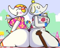 animal_crossing big_ass double_buttjob half-dressed hot_dogging klutzatdusk margie_(animal_crossing) public sitting_on_person size_difference tia_(animal_crossing)