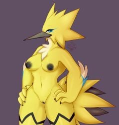 anthro avian beak black_nipples breasts chest_tuft deluxl female galarian_form galarian_thunder galarian_zapdos genitals hands_on_hips hi_res legendary_pokemon nintendo nipples non-mammal_breasts non-mammal_nipples nude pokemon pokemon_(species) pussy regional_form_(pokemon) simple_background solo standing tail thunder_(pokemon) tuft yellow_body