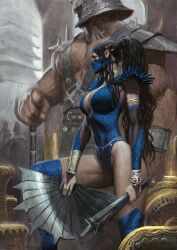 1boy 1girls alternate_costume antti_hakosaari big_breasts big_thighs black_hair blue_clothing breasts clothed clothing color colored edenian eyeless_male fans female female_focus jewelry kitana long_hair male mask masked masked_female mortal_kombat ponytail shao_kahn thighs weapon