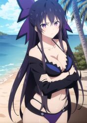 1girls ai_generated beach big_breasts bikini busty cleavage crossed_arms date_a_live female female_only hair_ribbon large_breasts legs navel ocean ponytail purple_bikini purple_eyes purple_hair serious thighs voluptuous water yatogami_tenka yatogami_tohka