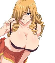 1girls big_breasts blonde_hair blue_eyes breasts busty clothes_pull drill_hair female female_only hair_over_one_eye hand_on_leg hand_on_own_leg hand_on_own_thigh hand_on_thigh large_breasts leaning_forward long_hair mature mature_female mature_woman midriff navel oriana_thompson pose posing sarong sensual smile strapless tank_top teasing to_aru_majutsu_no_index top_pull