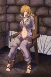 1girls arms_behind_back big_breasts blonde_hair blue_eyes bondage bound breasts busty chair cleavage defeat drill_hair feet female female_only large_breasts legs mature mature_female mature_woman mouth_hold navel no_bra no_panties oriana_thompson pants solo thighs tied_to_chair to_aru_majutsu_no_index unbuttoned unzipped voluptuous