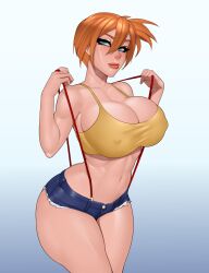 1girls big_breasts big_eyes big_thighs blue_eyes breasts busty cleavage crocodilchik fat_thighs female female_only hourglass_figure huge_breasts huge_thighs jean_shorts kasumi_(pokemon) large_breasts looking_at_viewer orange_hair plump_thighs pokemon pokemon_rgby short_hair slim_waist small_shorts small_waist solo thick_thighs thin_waist thunder_thighs thunderthighs tight_clothing