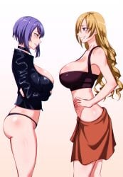 2girls big_breasts blonde_hair blue_eyes breasts busty crossed_arms crossover drill_hair female female_only from_side grin hair_over_one_eye hand_on_own_hip jacket large_breasts legs looking_at_viewer mature_female midriff multiple_girls naughty_face oriana_thompson purple_hair sarong short_hair sideboob smile tank_top thighs thong to_aru_majutsu_no_index voluptuous yellow_eyes