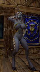 1girls 3d alliance_banner alliance_symbol bikini blizzard_entertainment blue_skin draenei exarch_uriel gold_eyes huge_breasts lightforged_draenei micro_bikini original_character paepickford solo thick_thighs warcraft white_hair wink world_of_warcraft