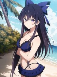 1girls ai_generated beach big_breasts bikini busty cleavage crossed_arms date_a_live female female_only hair_ribbon large_breasts legs navel ocean ponytail purple_bikini purple_eyes purple_hair serious thighs thong_bikini voluptuous water yatogami_tenka yatogami_tohka