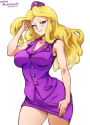 1girls adjusting_hair advance_wars bare_arms bare_thighs beauty_mark blonde_hair breasts female female_only large_breasts long_hair minacream mole mole_under_eye nail_polish nell_(advance_wars) purple_eyes purple_nails sleeveless smile smug solo thighs