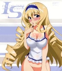 1girls accurate_art_style big_breasts blonde_hair blue_eyes blush bottomless bow breasts busty cecilia_alcott cleavage covered_navel curvy drill_hair female female_only finger_to_mouth hairbow highres infinite_stratos large_breasts long_hair looking_at_viewer official_style parted_lips pink_lips sensual sleeveless solo very_long_hair voluptuous