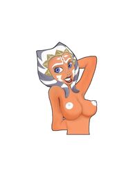 1girls ahsoka_tano big_breasts blue_eyes breasts cleavage clone_wars female_focus female_only jedi jedi_padawan looking_at_viewer nipples nude pose prophet simple_background smile solo star_wars the_clone_wars:_season_one togruta white_background